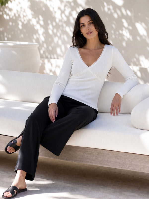 White lace trim v-neck top model view 4