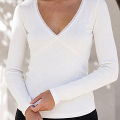 White lace trim v-neck top model view 5