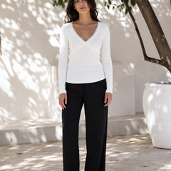 White lace trim v-neck top model view 6