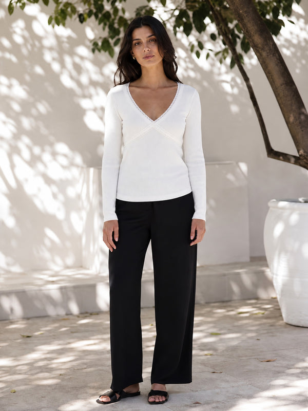 White lace trim v-neck top model view 6