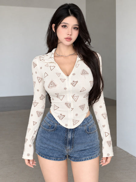 Beige printed zip collar top front view