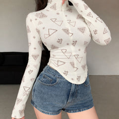 Beige printed zip collar top model view 3