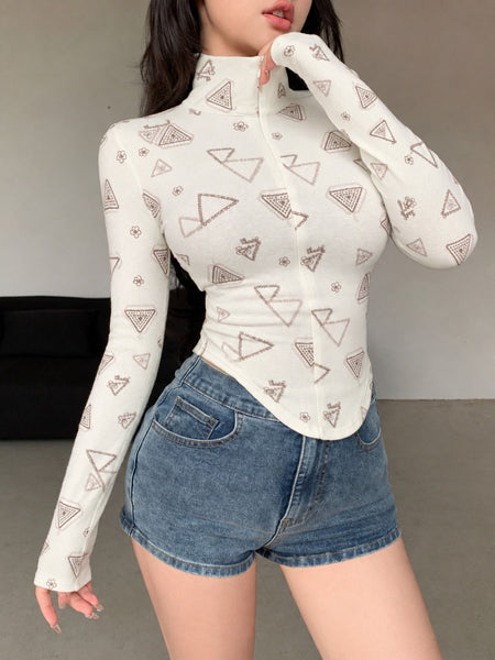 Beige printed zip collar top model view 3