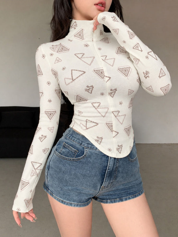 Beige printed zip collar top model view 3