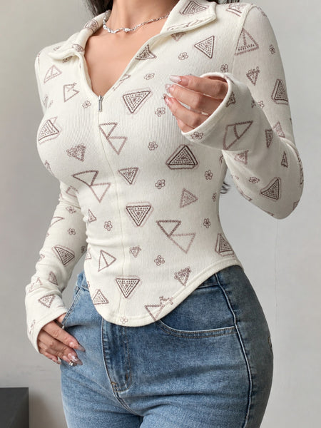 Beige printed zip collar top model view 5
