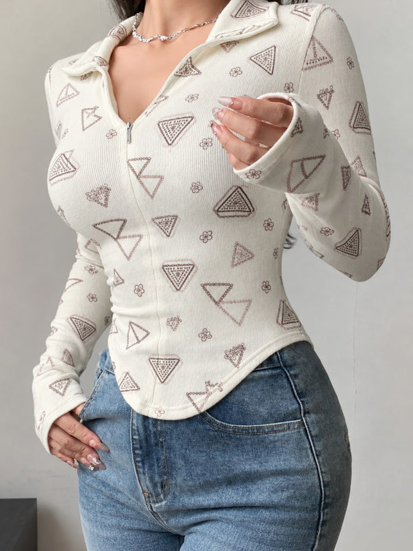 Beige printed zip collar top model view 5