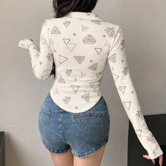Beige printed zip collar top back view