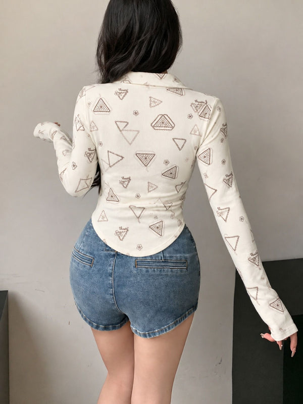 Beige printed zip collar top back view