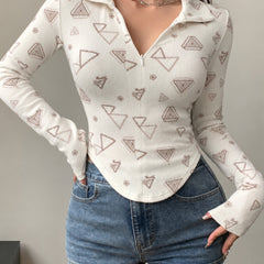 Beige printed zip collar top model view 9