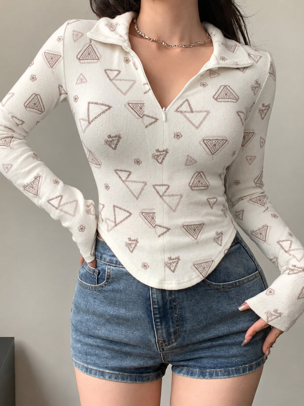 Beige printed zip collar top model view 9