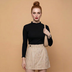 Women’s Black polyester ribbed high neck long sleeve top