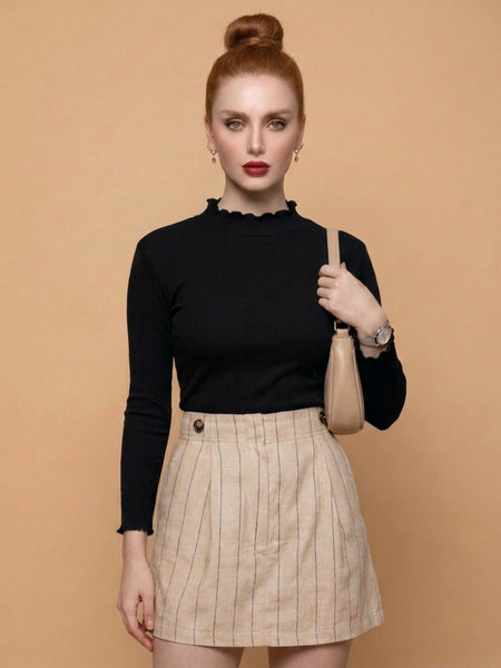 Women’s Black polyester ribbed high neck long sleeve top