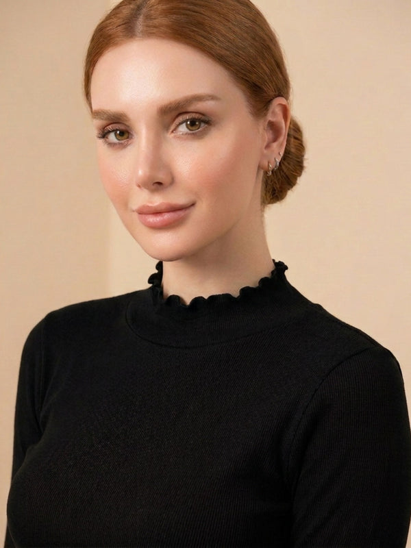 Istyle Can women's Black ribbed high neck long sleeve top