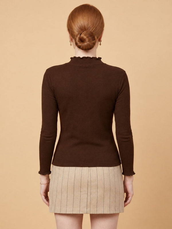 Istyle Can women's Brown ribbed high neck long sleeve top
