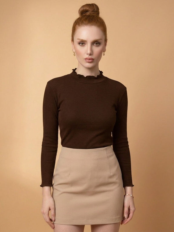 Women’s Brown polyester ribbed high neck long sleeve top