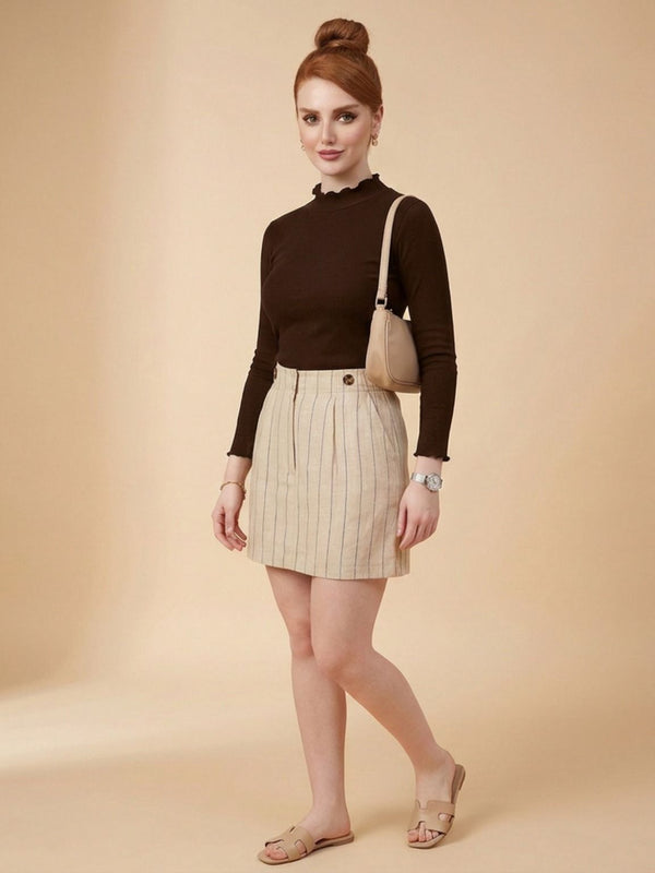 Istyle Can women's Brown ribbed high neck long sleeve top