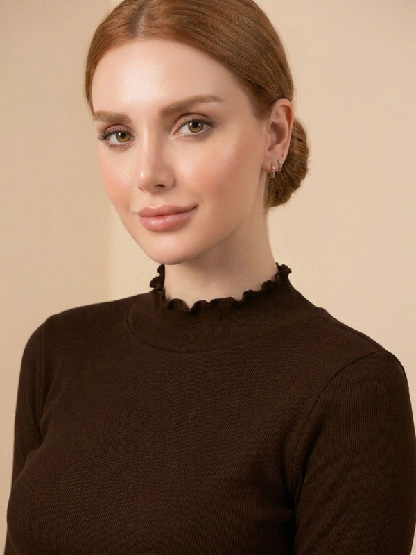 Istyle Can women's Brown ribbed high neck long sleeve top