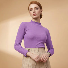 Women’s Lavender polyester ribbed high neck long sleeve top