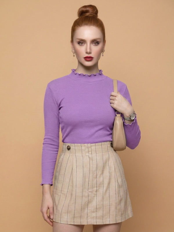 Istyle Can women's Lavender ribbed high neck long sleeve top