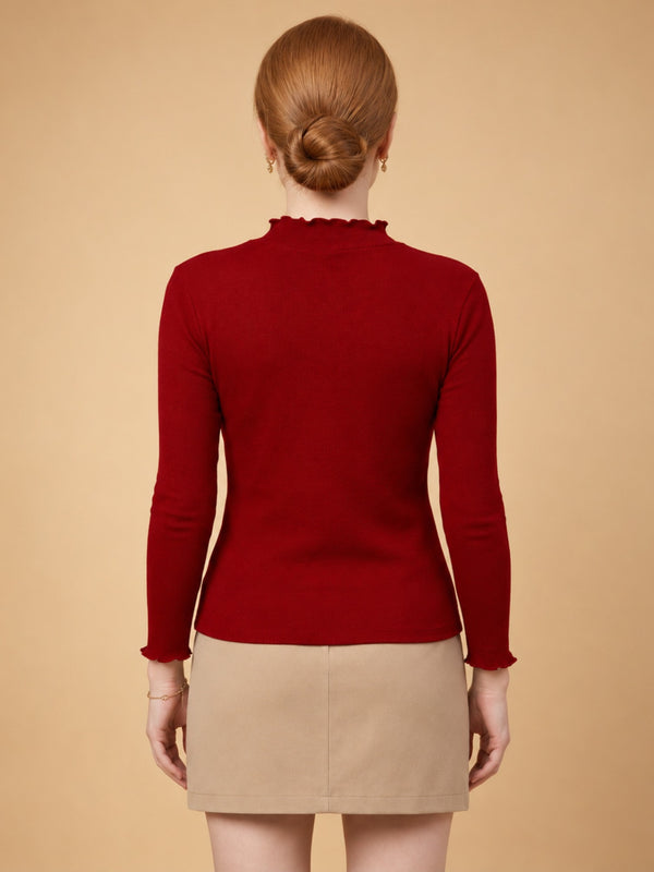 Istyle Can women's Maroon ribbed high neck long sleeve top