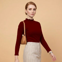 Women’s Maroon polyester ribbed high neck long sleeve top