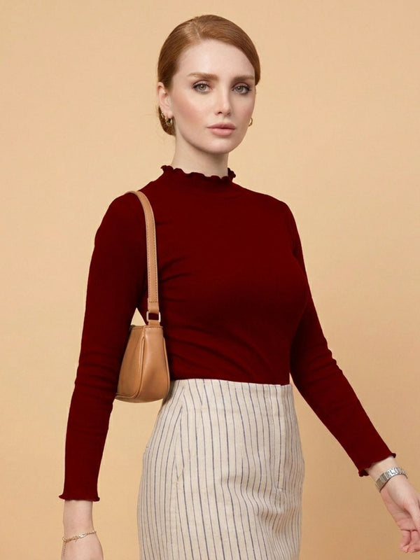 Women’s Maroon polyester ribbed high neck long sleeve top