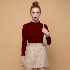 Istyle Can women's Maroon ribbed high neck long sleeve top