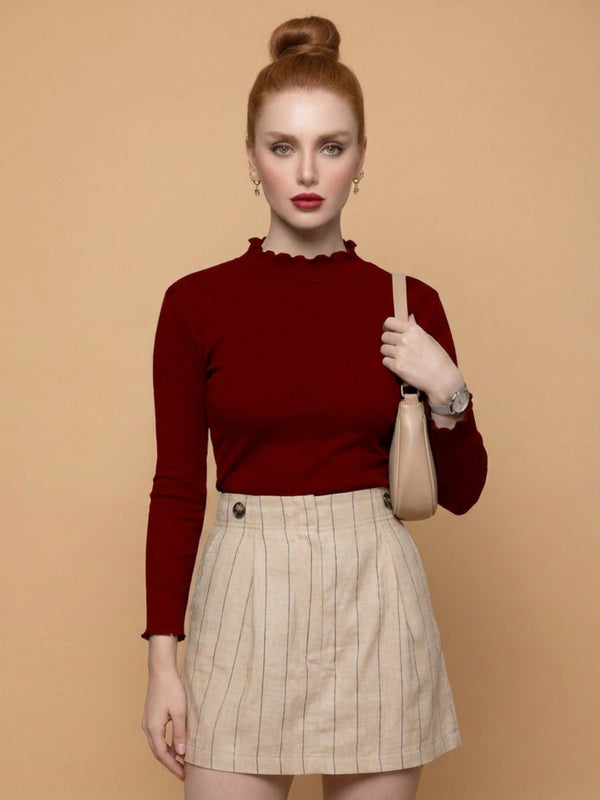 Istyle Can women's Maroon ribbed high neck long sleeve top