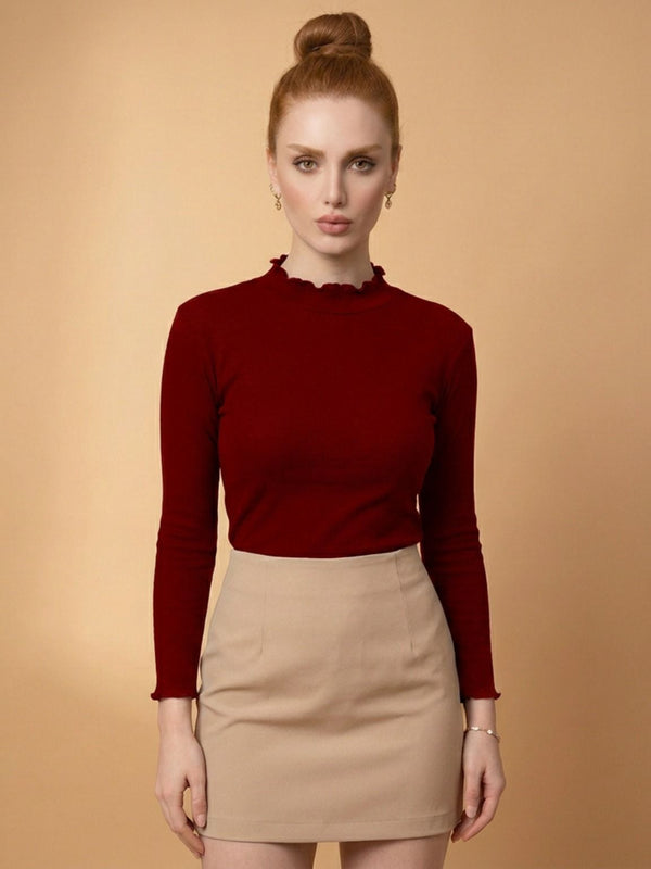 Istyle Can women's Maroon ribbed high neck long sleeve top