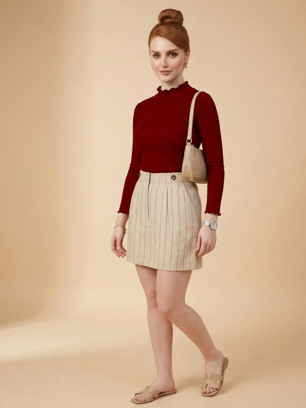 Istyle Can women's Maroon ribbed high neck long sleeve top