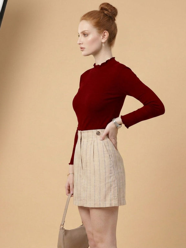 Istyle Can women's Maroon ribbed high neck long sleeve top