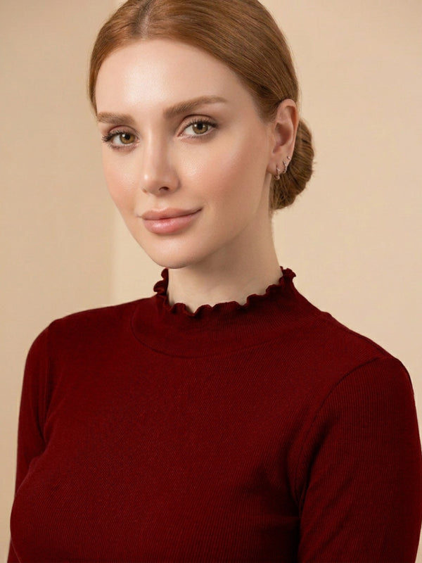 Istyle Can women's Maroon ribbed high neck long sleeve top