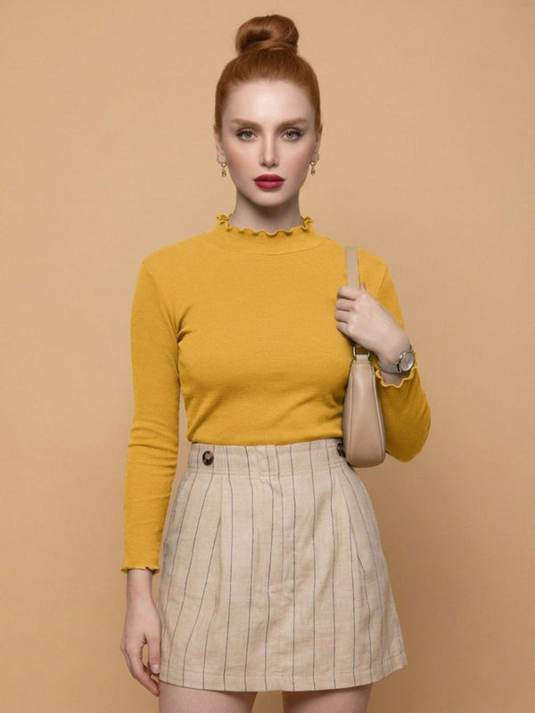 Istyle Can women's Mustard ribbed high neck long sleeve top