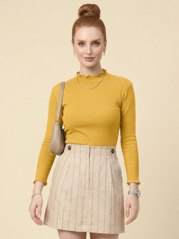 Istyle Can women's Mustard ribbed high neck long sleeve top