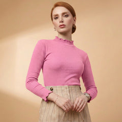 Women’s Pink polyester ribbed high neck long sleeve top