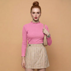 Istyle Can women's Pink ribbed high neck long sleeve top