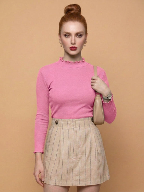 Istyle Can women's Pink ribbed high neck long sleeve top