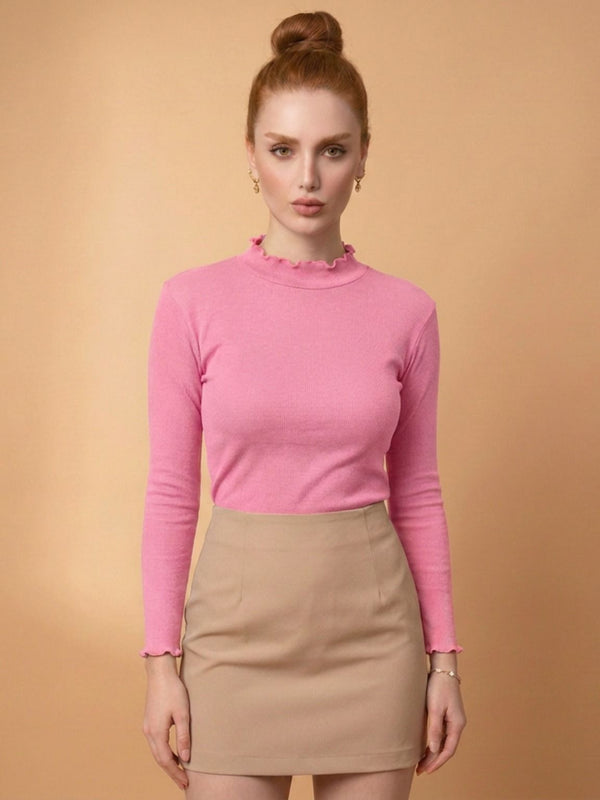 Istyle Can women's Pink ribbed high neck long sleeve top
