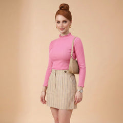 Istyle Can women's Pink ribbed high neck long sleeve top