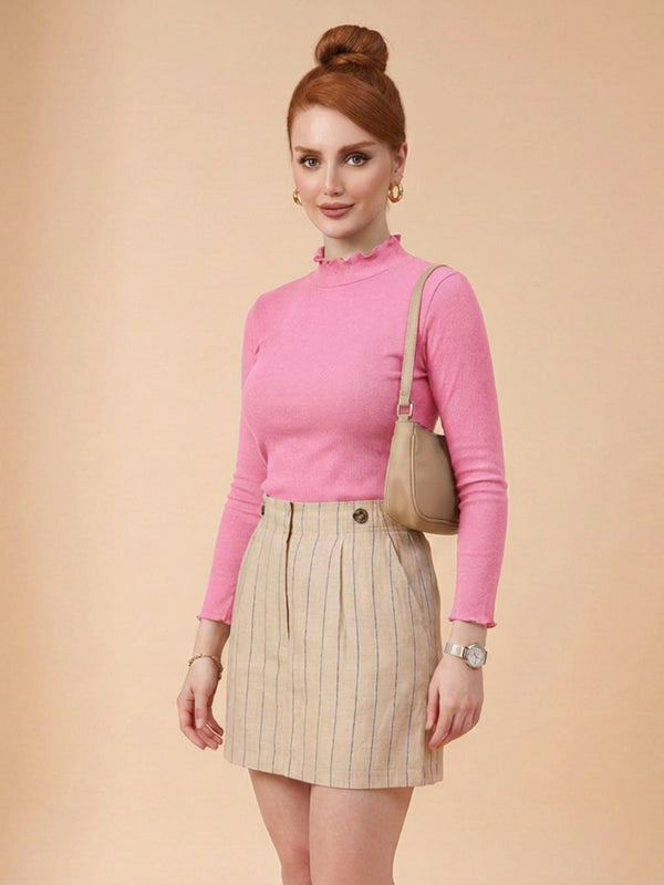 Istyle Can women's Pink ribbed high neck long sleeve top