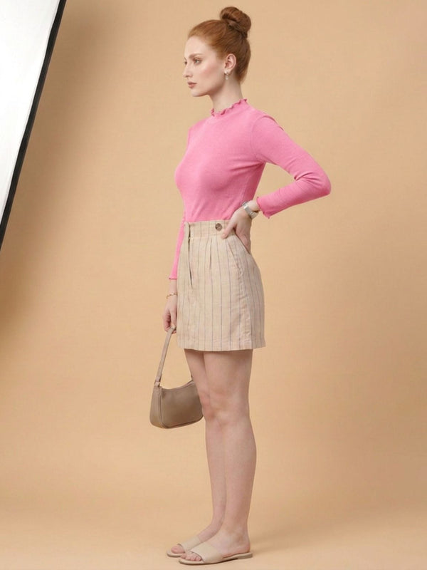 Istyle Can women's Pink ribbed high neck long sleeve top