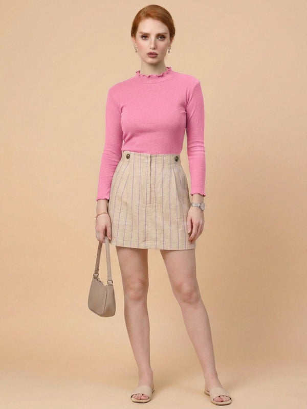 Istyle Can women's Pink ribbed high neck long sleeve top