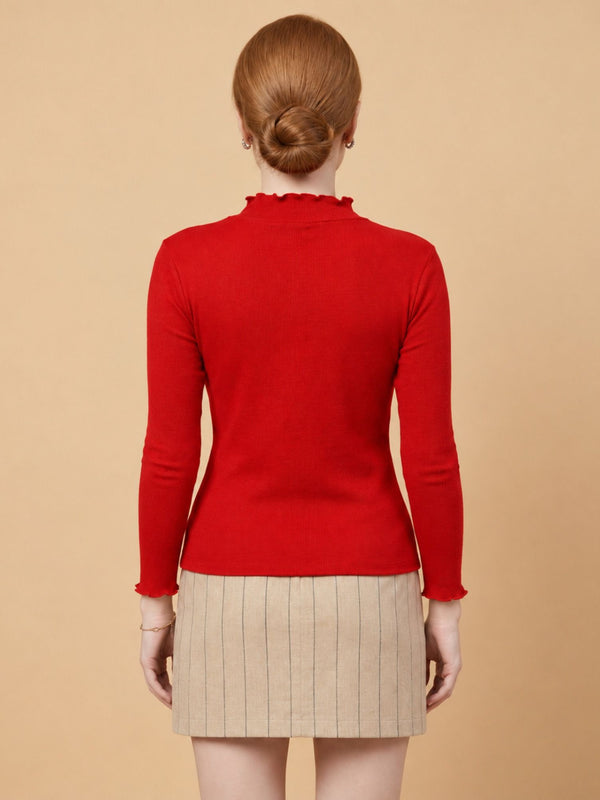 Istyle Can women's Red ribbed high neck long sleeve top