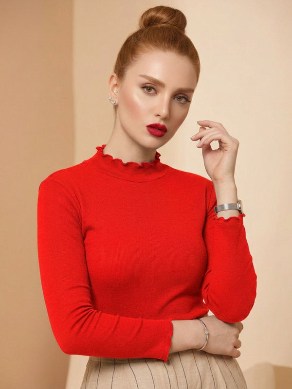Women’s Red polyester ribbed high neck long sleeve top
