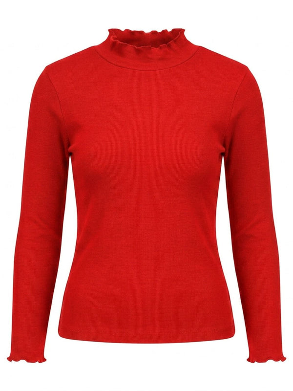 Istyle Can women's Red ribbed high neck long sleeve top