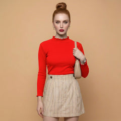 Istyle Can women's Red ribbed high neck long sleeve top