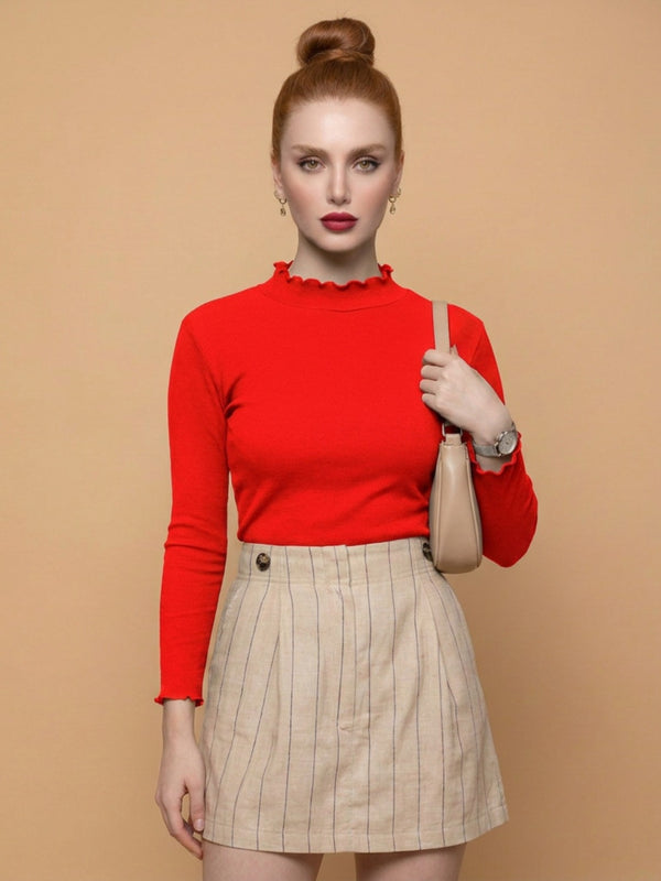 Istyle Can women's Red ribbed high neck long sleeve top