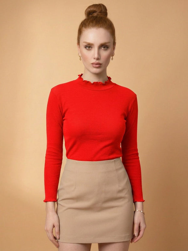 Istyle Can women's Red ribbed high neck long sleeve top