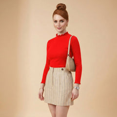 Istyle Can women's Red ribbed high neck long sleeve top
