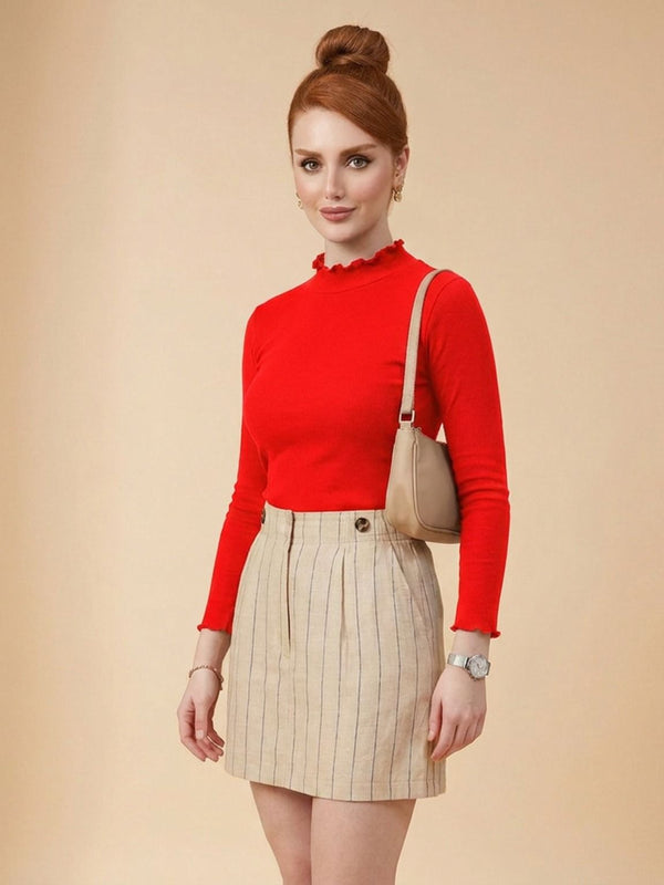 Istyle Can women's Red ribbed high neck long sleeve top